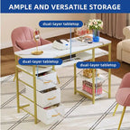 Vanity Table with 3 Fabric Drawers - White Marble Veneer, Gold Metal Frame, Engineered Wood, Multi-Purpose