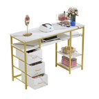 Vanity Table with 3 Fabric Drawers - White Marble Veneer, Gold Metal Frame, Engineered Wood, Multi-Purpose