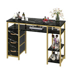 Vanity Table with 3 Fabric Drawers - White Marble Veneer, Gold Metal Frame, Engineered Wood, Multi-Purpose