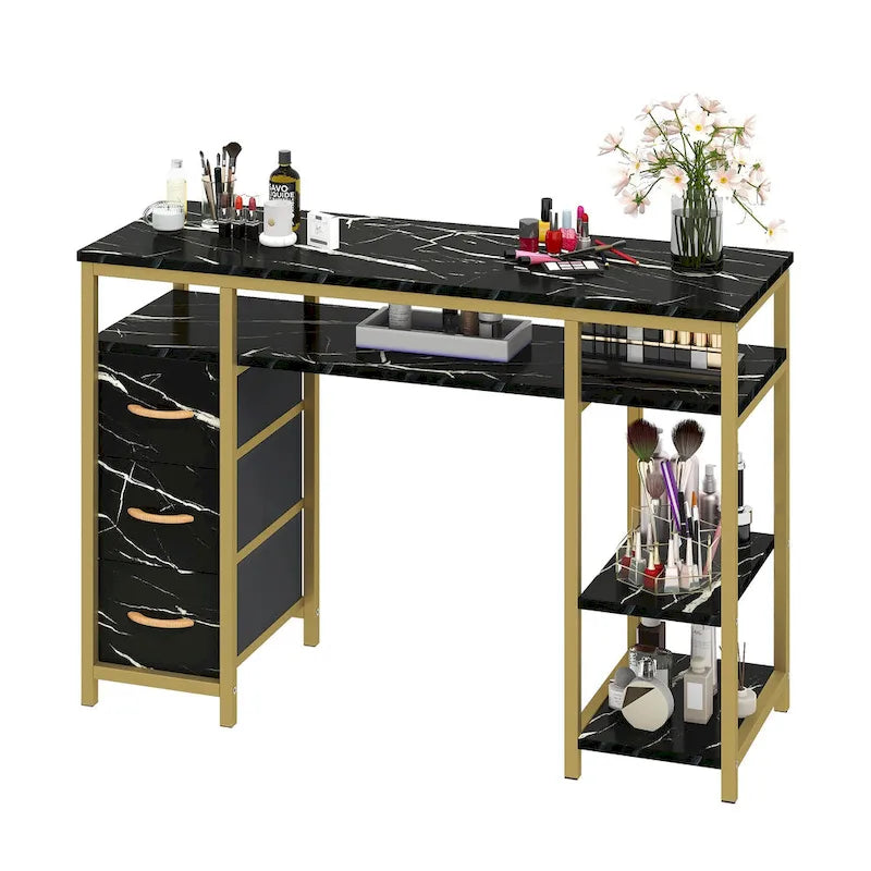 Vanity Table with 3 Fabric Drawers - White Marble Veneer, Gold Metal Frame, Engineered Wood, Multi-Purpose