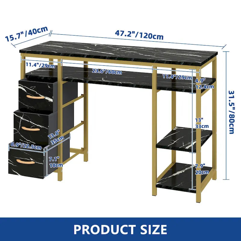 Vanity Table with 3 Fabric Drawers - White Marble Veneer, Gold Metal Frame, Engineered Wood, Multi-Purpose