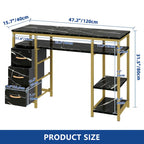 Vanity Table with 3 Fabric Drawers - White Marble Veneer, Gold Metal Frame, Engineered Wood, Multi-Purpose