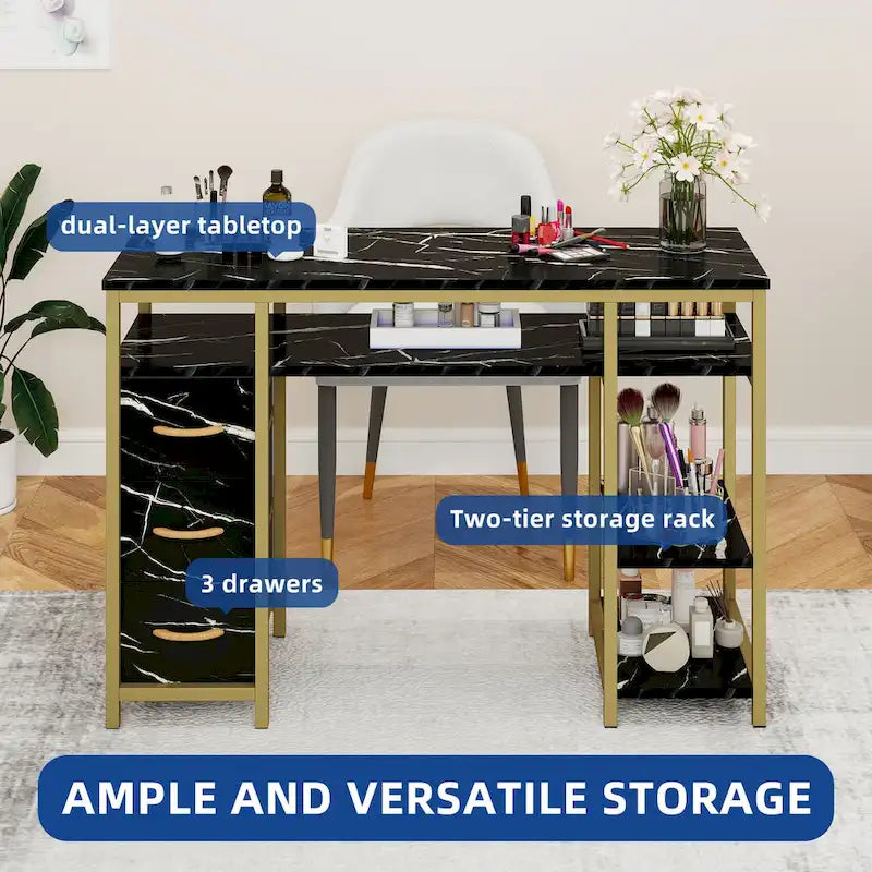 Vanity Table with 3 Fabric Drawers - White Marble Veneer, Gold Metal Frame, Engineered Wood, Multi-Purpose