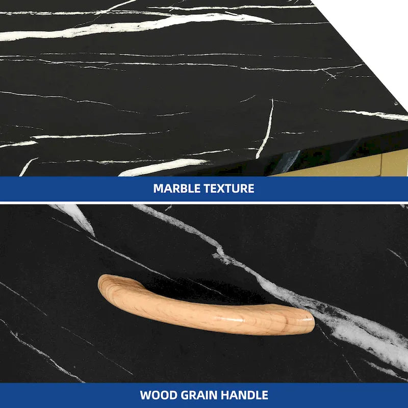 Vanity Table with 3 Fabric Drawers - White Marble Veneer, Gold Metal Frame, Engineered Wood, Multi-Purpose