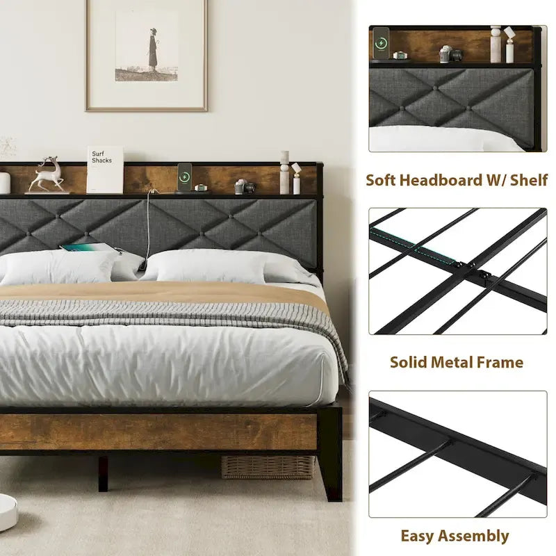 Full/Queen/King Upholstered Metal Platform Bed with Charging Station & Storage Shelf - 1200lbs Capacity