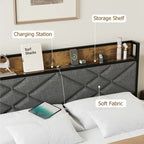 Full/Queen/King Upholstered Metal Platform Bed with Charging Station & Storage Shelf - 1200lbs Capacity