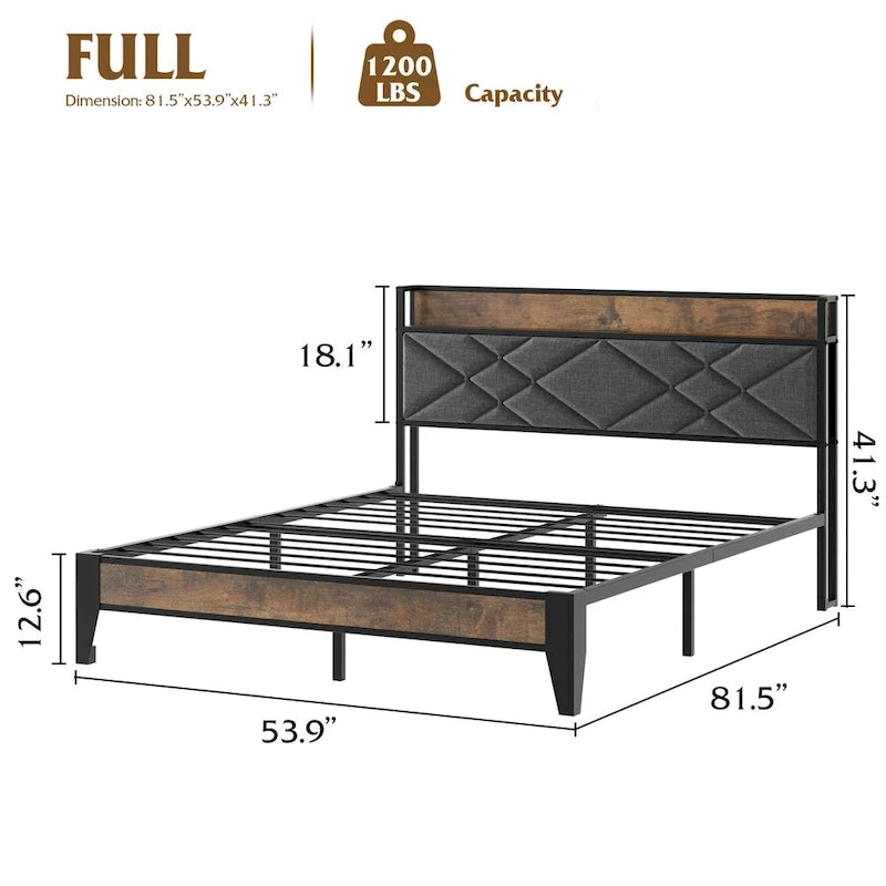 Full/Queen/King Upholstered Metal Platform Bed with Charging Station & Storage Shelf - 1200lbs Capacity