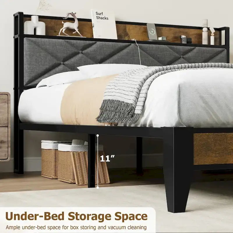 Full/Queen/King Upholstered Metal Platform Bed with Charging Station & Storage Shelf - 1200lbs Capacity