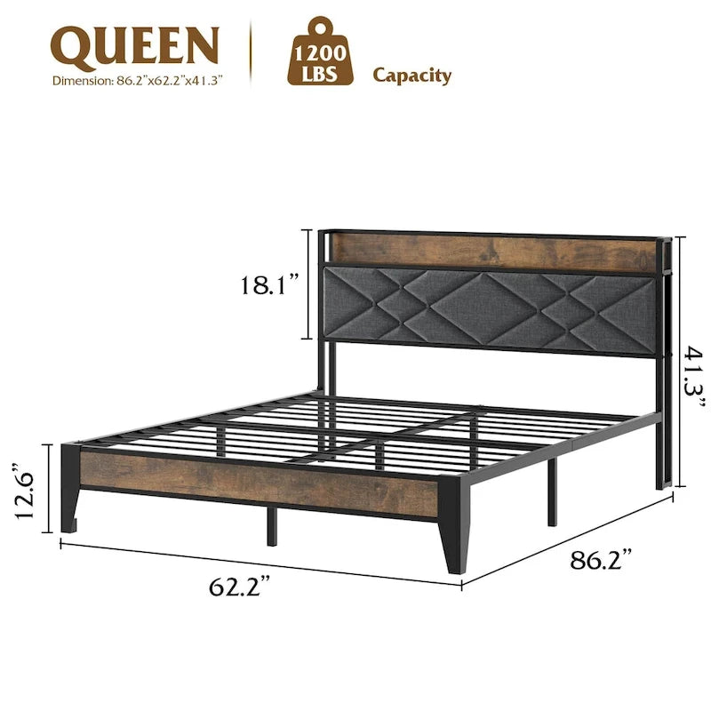 Full/Queen/King Upholstered Metal Platform Bed with Charging Station & Storage Shelf - 1200lbs Capacity