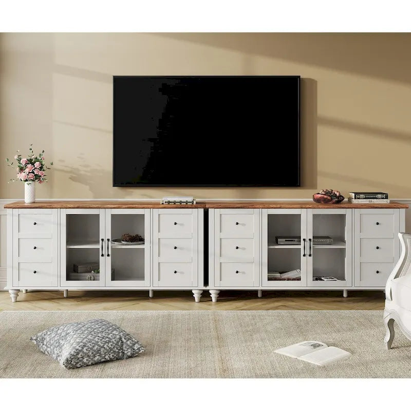 57.9" Farmhouse TV Stand with Glass Barn Doors - 3 Cabinets & Adjustable Shelves - Entertainment Center for up to 65" TVs