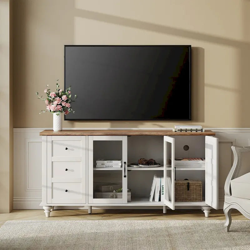 57.9" Farmhouse TV Stand with Glass Barn Doors - 3 Cabinets & Adjustable Shelves - Entertainment Center for up to 65" TVs