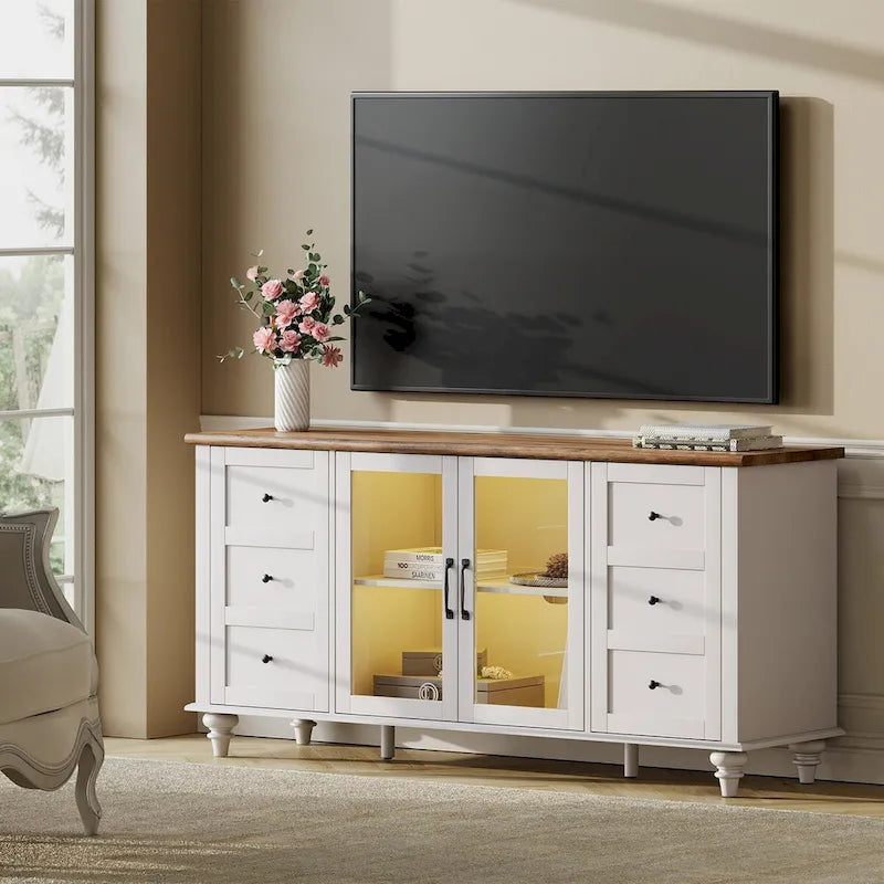 57.9" Farmhouse TV Stand with Glass Barn Doors - 3 Cabinets & Adjustable Shelves - Entertainment Center for up to 65" TVs