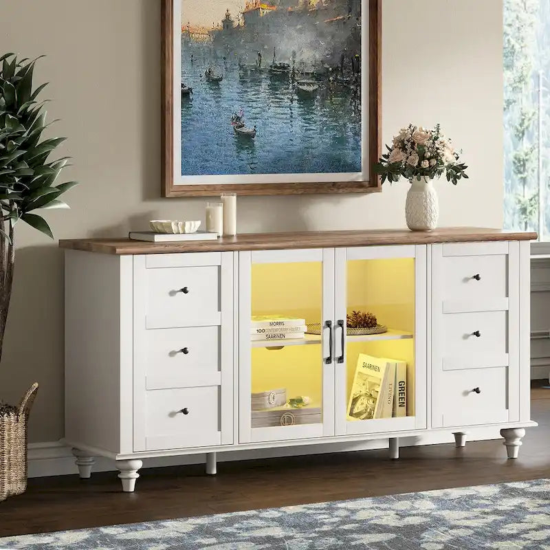 57.9" Farmhouse TV Stand with Glass Barn Doors - 3 Cabinets & Adjustable Shelves - Entertainment Center for up to 65" TVs