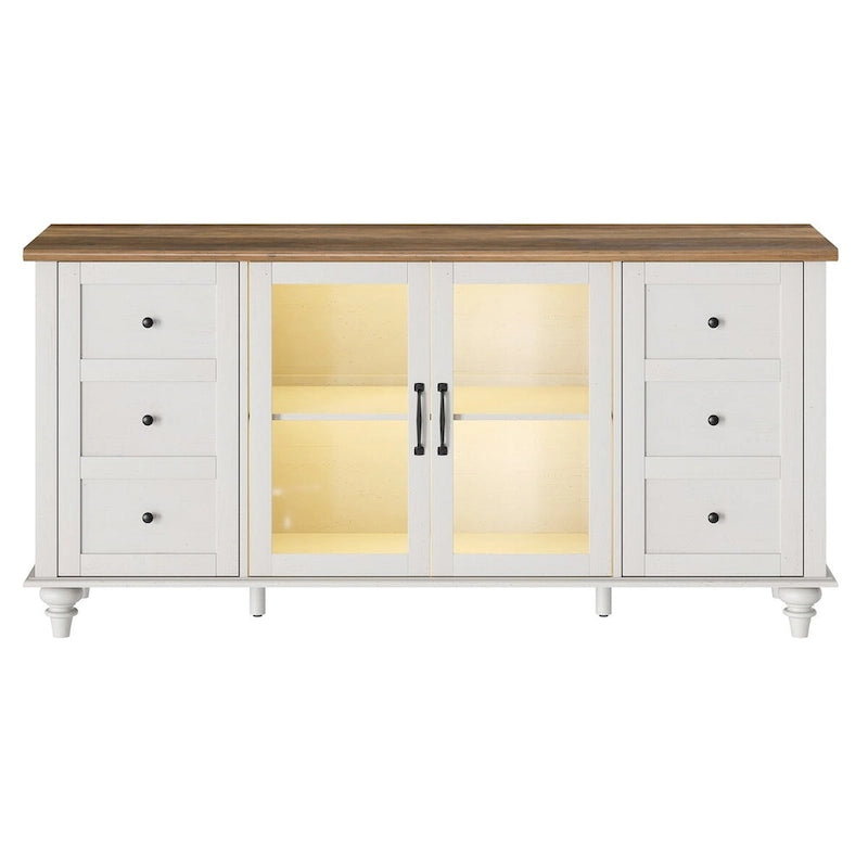 57.9" Farmhouse TV Stand with Glass Barn Doors - 3 Cabinets & Adjustable Shelves - Entertainment Center for up to 65" TVs