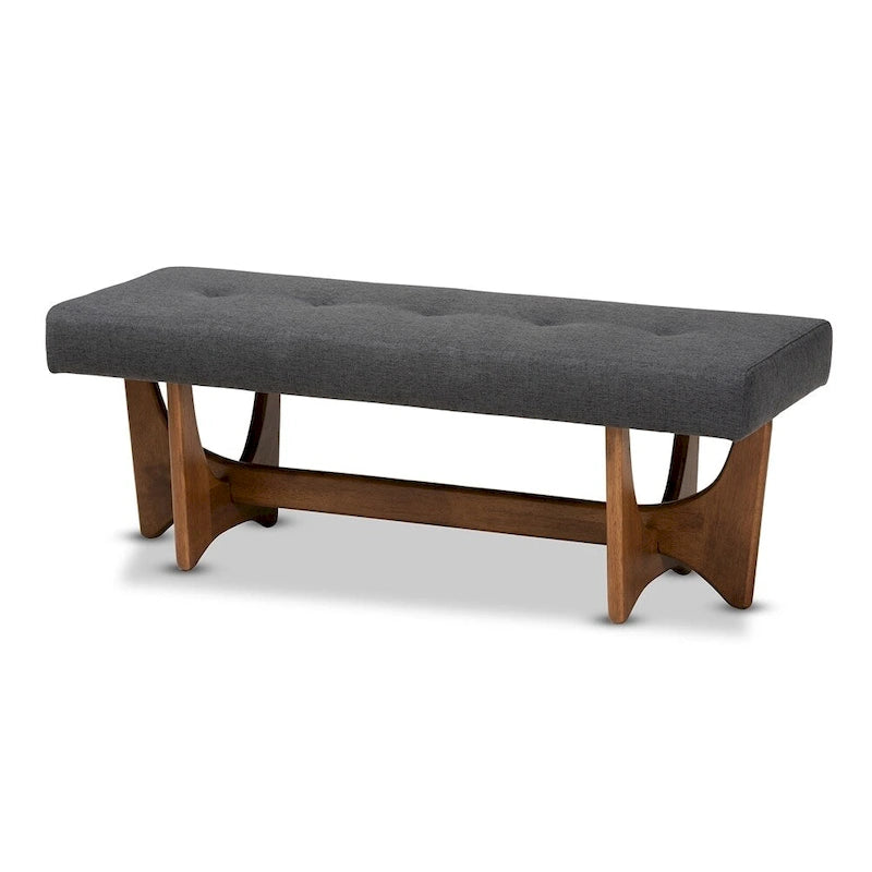 48.8" Mid-Century Modern Upholstered Bench - Button-Tufted, Walnut Finish, Grey Polyester, Foam Padded