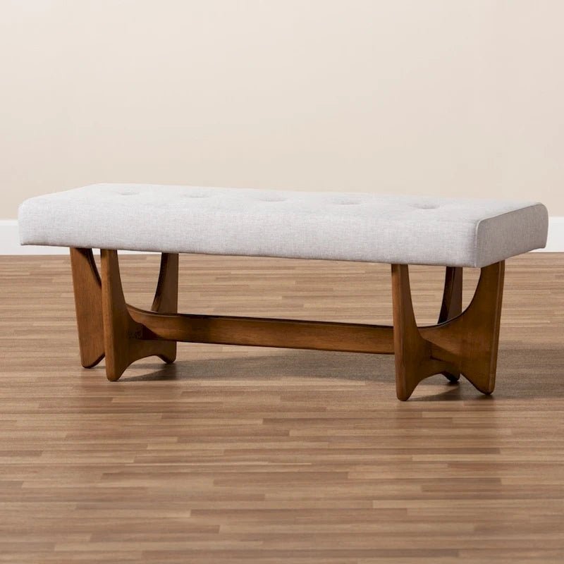 48.8" Mid-Century Modern Upholstered Bench - Button-Tufted, Walnut Finish, Grey Polyester, Foam Padded
