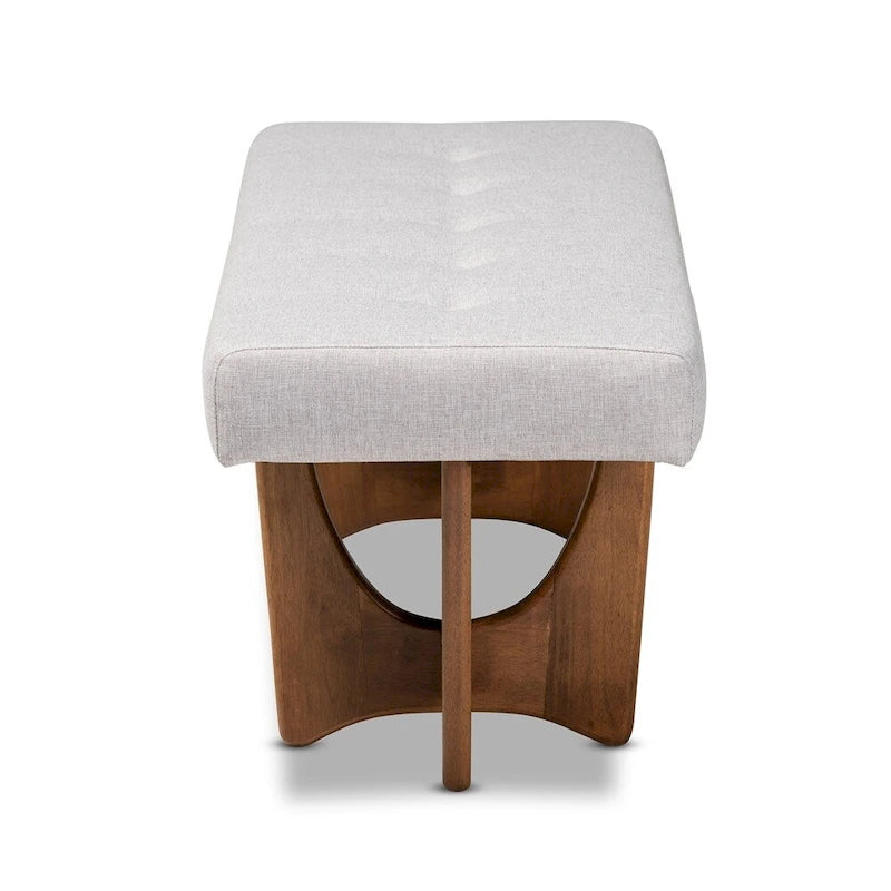 48.8" Mid-Century Modern Upholstered Bench - Button-Tufted, Walnut Finish, Grey Polyester, Foam Padded