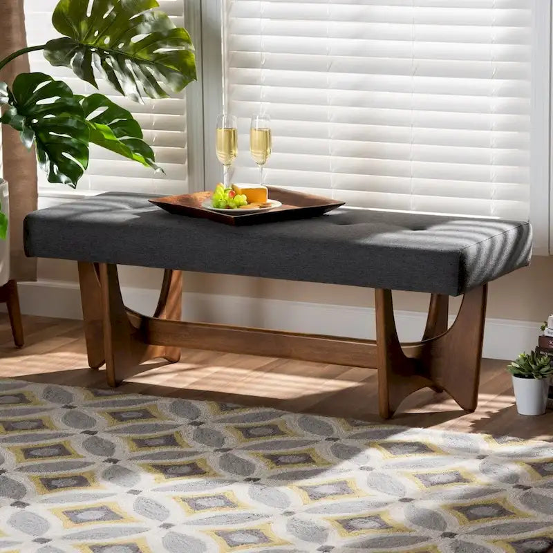 48.8" Mid-Century Modern Upholstered Bench - Button-Tufted, Walnut Finish, Grey Polyester, Foam Padded