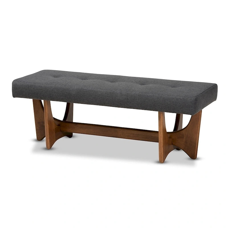 48.8" Mid-Century Modern Upholstered Bench - Button-Tufted, Walnut Finish, Grey Polyester, Foam Padded