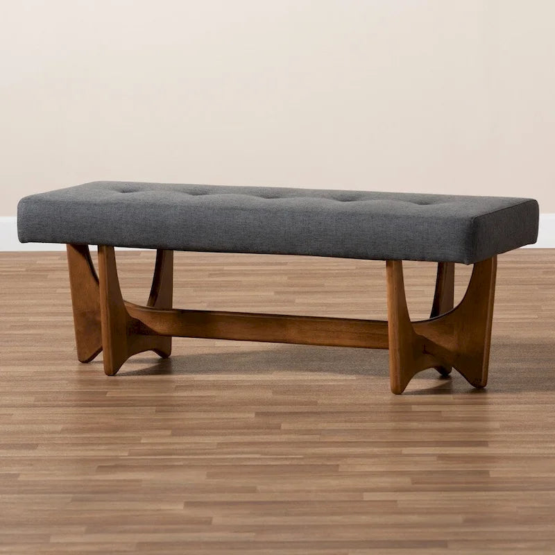48.8" Mid-Century Modern Upholstered Bench - Button-Tufted, Walnut Finish, Grey Polyester, Foam Padded