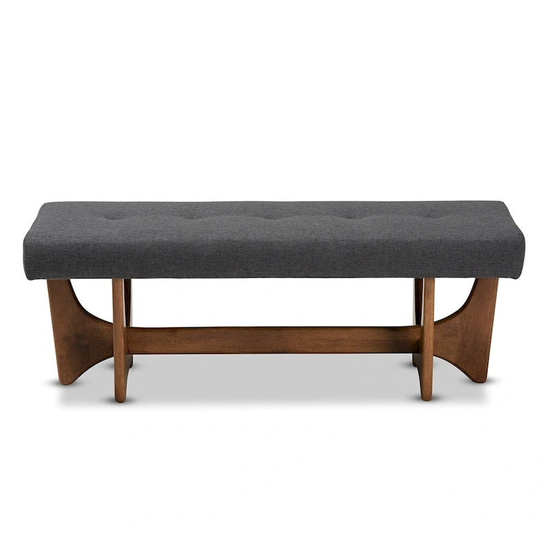 48.8" Mid-Century Modern Upholstered Bench - Button-Tufted, Walnut Finish, Grey Polyester, Foam Padded