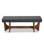 48.8" Mid-Century Modern Upholstered Bench - Button-Tufted, Walnut Finish, Grey Polyester, Foam Padded