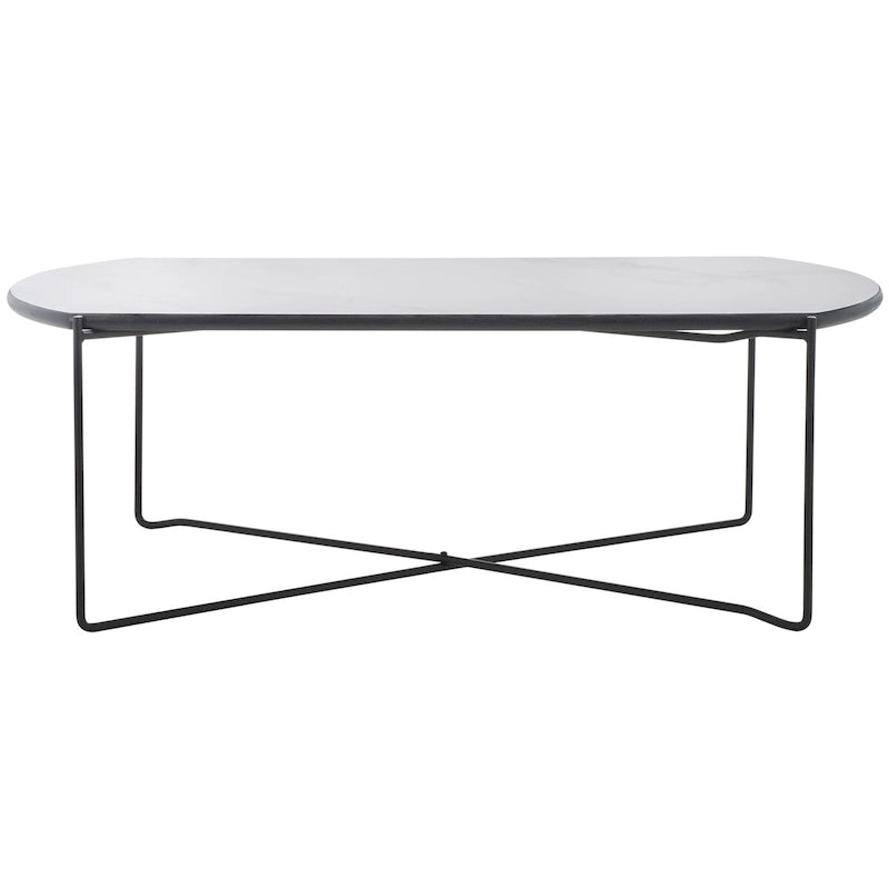 39.4" Rectangular Coffee Table - Curved Edges, Black Metal Base, Minimalist Style, 39.4"W x 20.5"D x 13.8"H