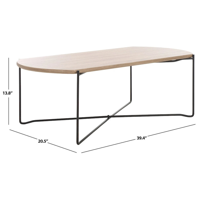 39.4" Rectangular Coffee Table - Curved Edges, Black Metal Base, Minimalist Style, 39.4"W x 20.5"D x 13.8"H