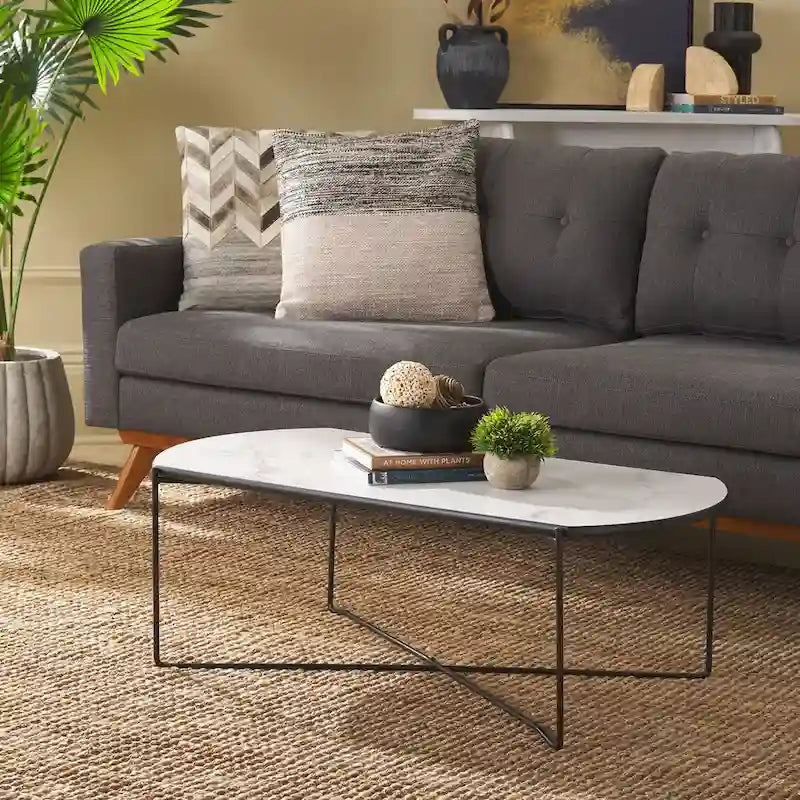 39.4" Rectangular Coffee Table - Curved Edges, Black Metal Base, Minimalist Style, 39.4"W x 20.5"D x 13.8"H