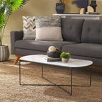 39.4" Rectangular Coffee Table - Curved Edges, Black Metal Base, Minimalist Style, 39.4"W x 20.5"D x 13.8"H