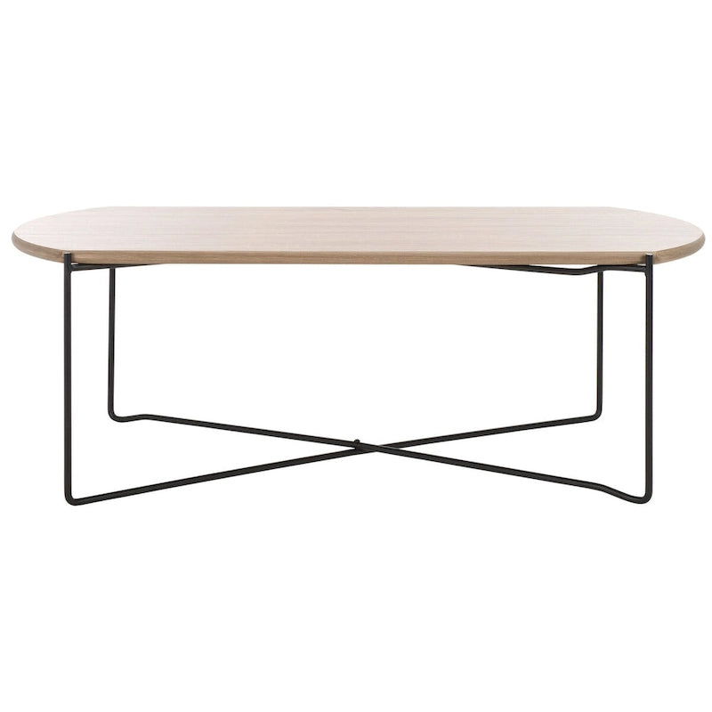 39.4" Rectangular Coffee Table - Curved Edges, Black Metal Base, Minimalist Style, 39.4"W x 20.5"D x 13.8"H