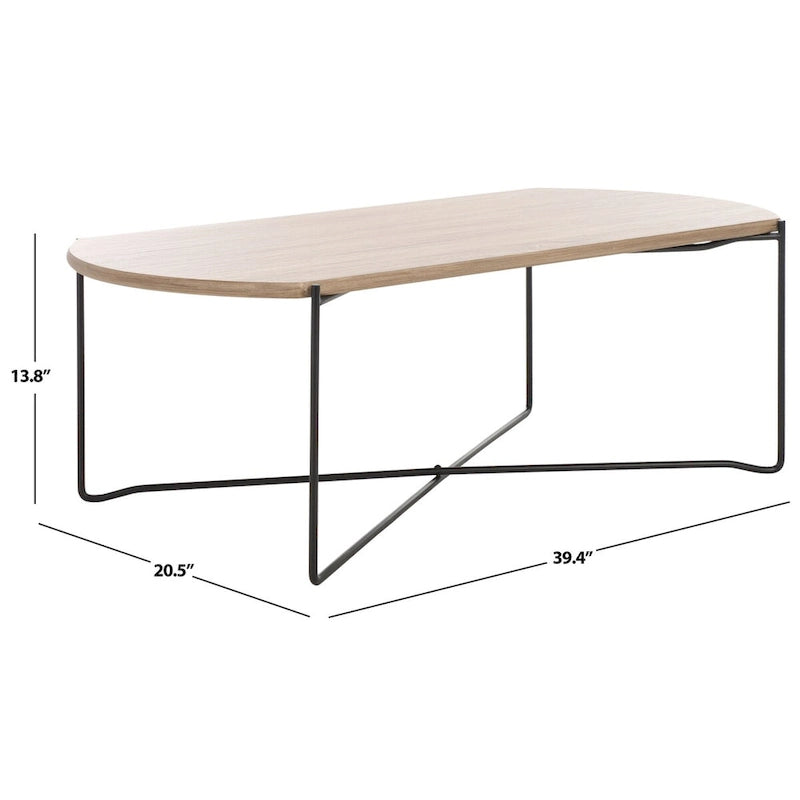 39.4" Rectangular Coffee Table - Curved Edges, Black Metal Base, Minimalist Style, 39.4"W x 20.5"D x 13.8"H