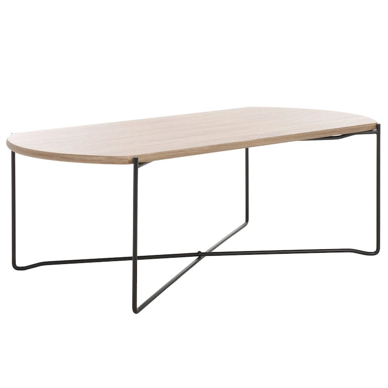 39.4" Rectangular Coffee Table - Curved Edges, Black Metal Base, Minimalist Style, 39.4"W x 20.5"D x 13.8"H