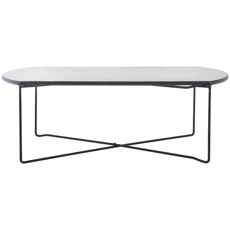 39.4" Rectangular Coffee Table - Curved Edges, Black Metal Base, Minimalist Style, 39.4"W x 20.5"D x 13.8"H