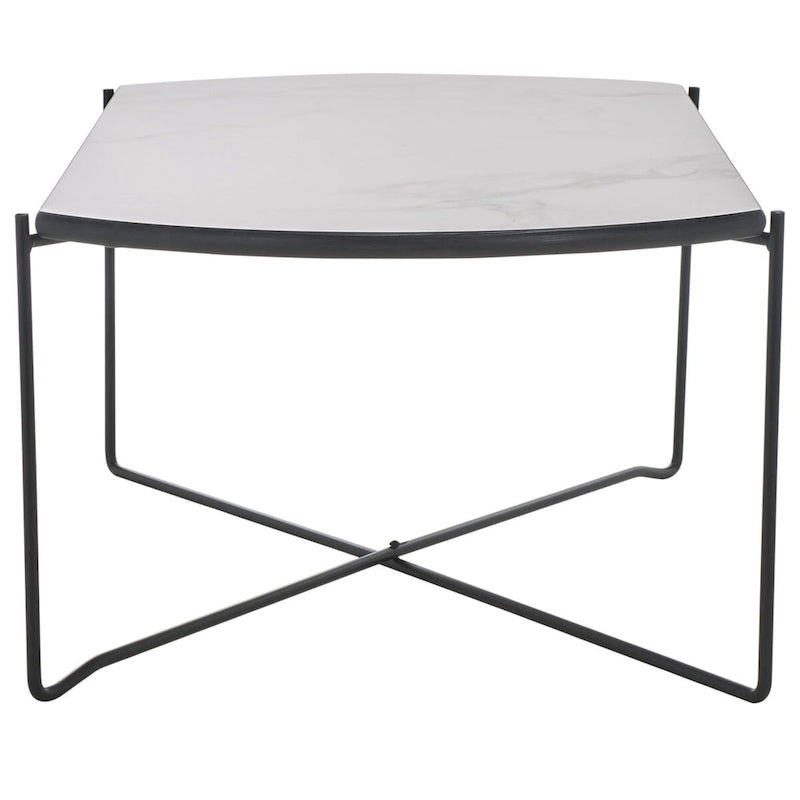 39.4" Rectangular Coffee Table - Curved Edges, Black Metal Base, Minimalist Style, 39.4"W x 20.5"D x 13.8"H