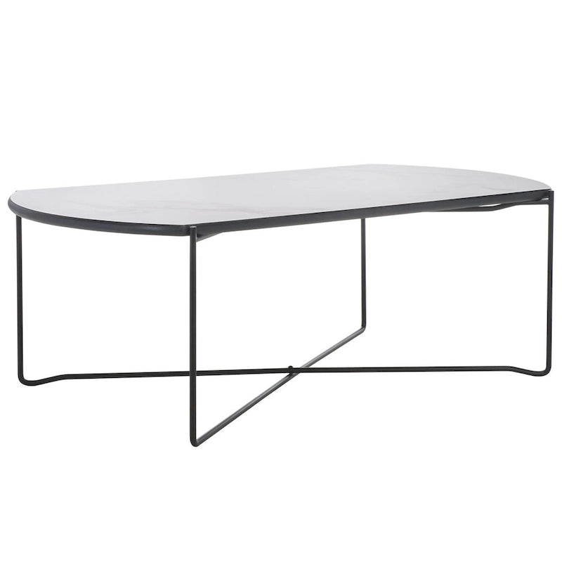 39.4" Rectangular Coffee Table - Curved Edges, Black Metal Base, Minimalist Style, 39.4"W x 20.5"D x 13.8"H
