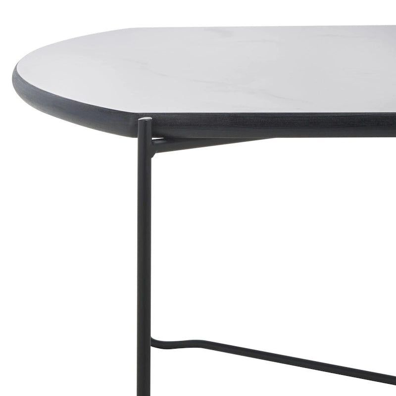 39.4" Rectangular Coffee Table - Curved Edges, Black Metal Base, Minimalist Style, 39.4"W x 20.5"D x 13.8"H