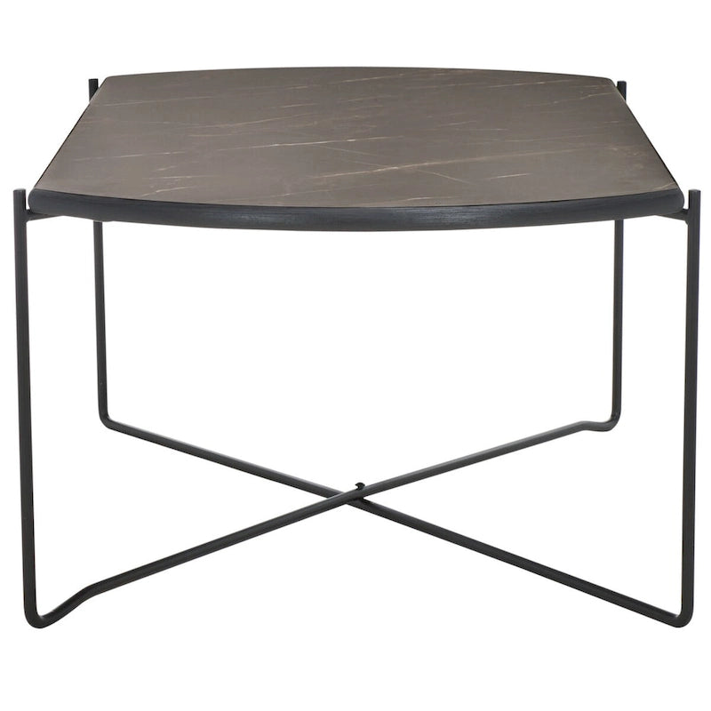 39.4" Rectangular Coffee Table - Curved Edges, Black Metal Base, Minimalist Style, 39.4"W x 20.5"D x 13.8"H