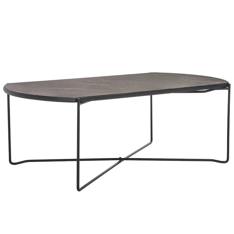 39.4" Rectangular Coffee Table - Curved Edges, Black Metal Base, Minimalist Style, 39.4"W x 20.5"D x 13.8"H