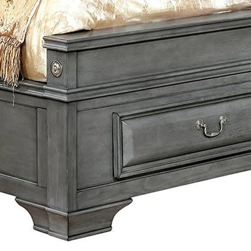 California King Wooden Bed with Storage Drawers - Gray, Sleigh Headboard, Transitional Style