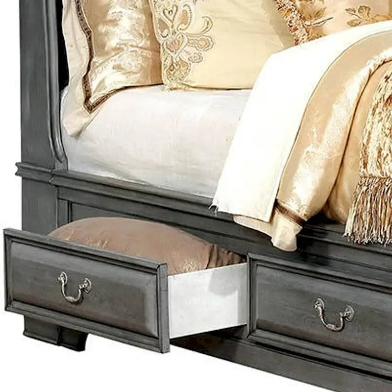 California King Wooden Bed with Storage Drawers - Gray, Sleigh Headboard, Transitional Style