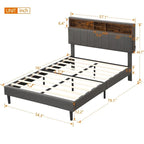 Full Size Upholstered Platform Bed with Storage Headboard, USB Ports & Phone Pockets - Linen, Gray, 500lbs