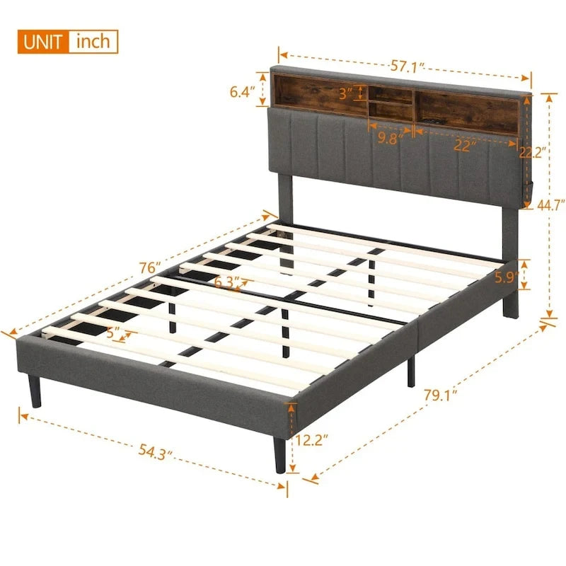 Full Size Upholstered Platform Bed with Storage Headboard, USB Ports & Phone Pockets - Linen, Gray, 500lbs