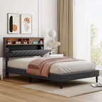 Full Size Upholstered Platform Bed with Storage Headboard, USB Ports & Phone Pockets - Linen, Gray, 500lbs