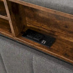 Full Size Upholstered Platform Bed with Storage Headboard, USB Ports & Phone Pockets - Linen, Gray, 500lbs