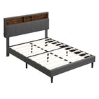 Full Size Upholstered Platform Bed with Storage Headboard, USB Ports & Phone Pockets - Linen, Gray, 500lbs