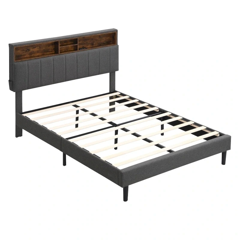 Full Size Upholstered Platform Bed with Storage Headboard, USB Ports & Phone Pockets - Linen, Gray, 500lbs