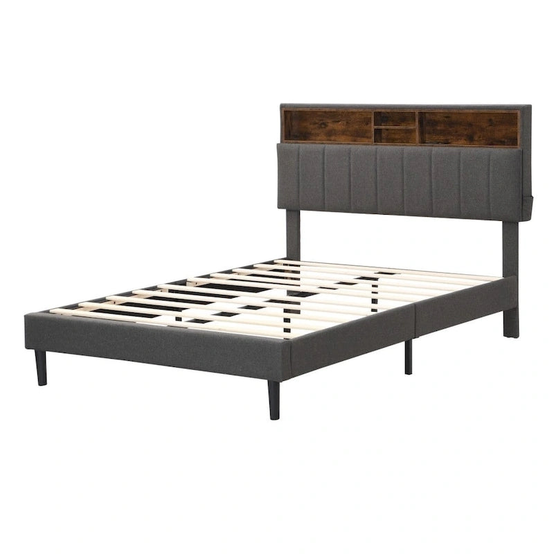 Full Size Upholstered Platform Bed with Storage Headboard, USB Ports & Phone Pockets - Linen, Gray, 500lbs