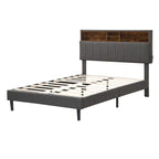 Full Size Upholstered Platform Bed with Storage Headboard, USB Ports & Phone Pockets - Linen, Gray, 500lbs