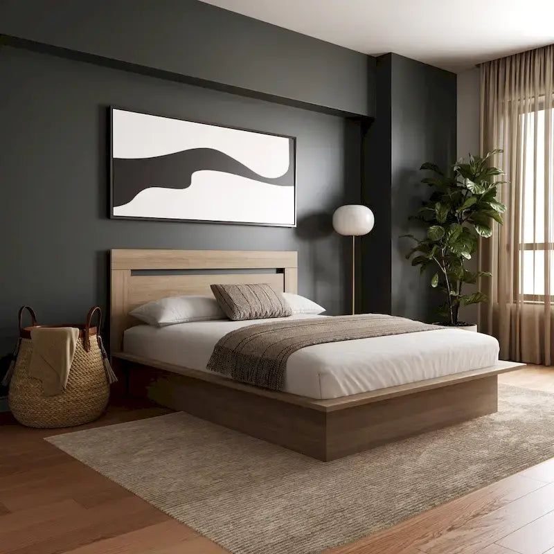 Modern Platform Bed with Headboard - Engineered Wood, Extra-Wide Bedsides, No Box Spring Needed, Minimalist Design